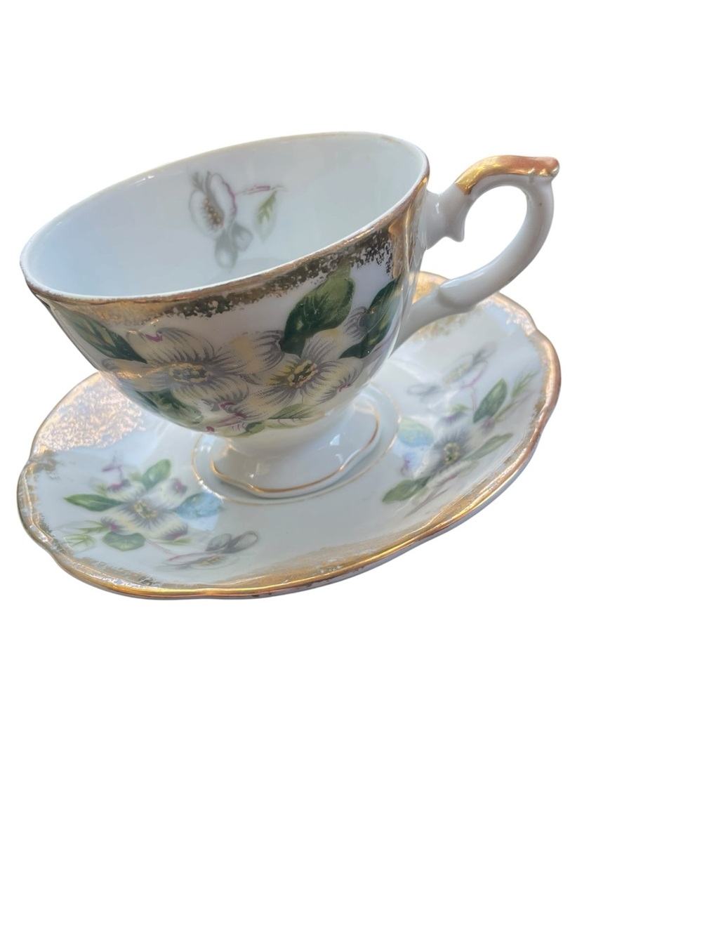 Castle China Floral Gold-Trim Porcelain Teacup and Saucer Made in Japan